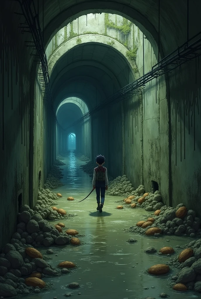 Just create the scenario of an anime-style sewer tunnel, with mud, bread