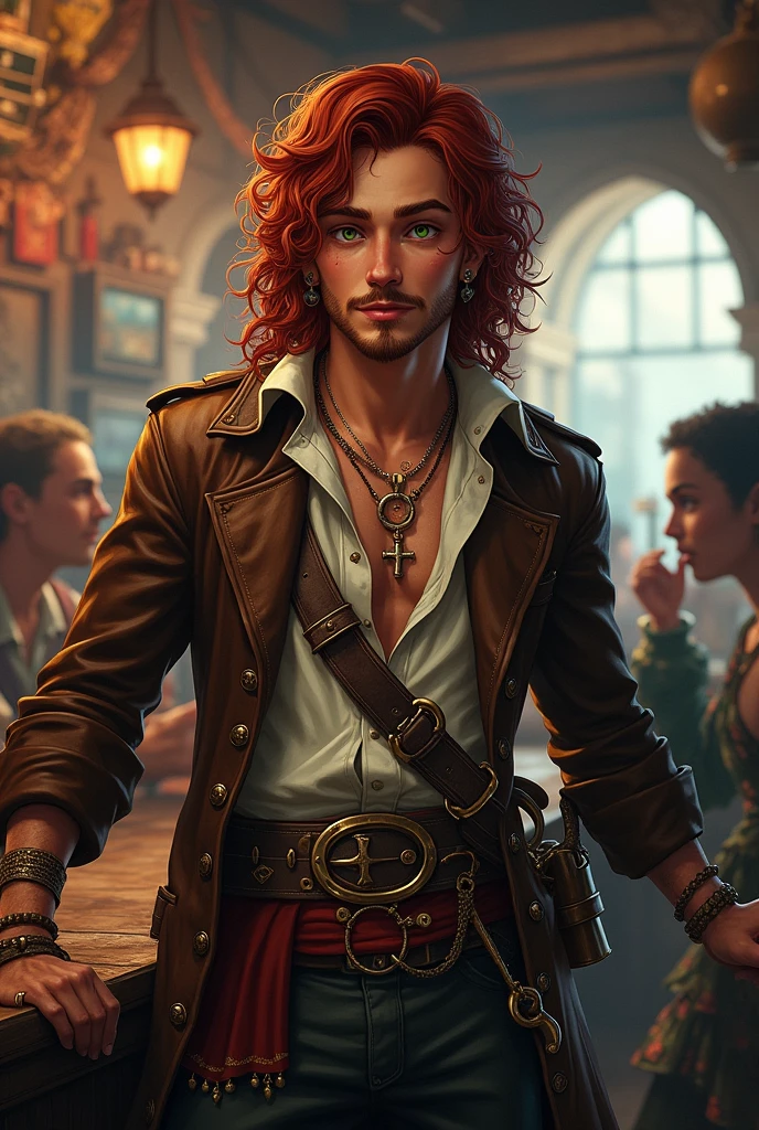 Generate the image of a pirate for a DnD campaign total body. A young male pirate around 20 years old with an excited face. He has long dark red curly hair, with dark red mustache and goatee. His eyes are dark green and he has a scar on his left eye. He’s wearing a leather trench coat, under the coat a soft shirt open, he’s wearing a belt with a red band, on the side he had two sabers and two XVI century guns. He’s wearing many bracelets and necklaces, he has many tattoo. He’s at the pub drinking rum, in the background the harbor of Tortuga