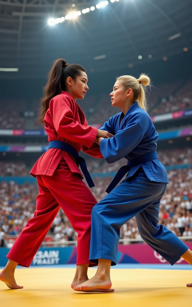 Ultra-high resolution,Women's judo at the Olympics,Two people competing on the same stage,A red judo uniform,A blue judo uniform,( The one wearing the red judo uniform is an 1 Korean beauty,Super beautiful,Super fair skin)(The girl wearing the blue judo uniform is an American blonde) full-body shot,Panoramic vistas,Wide-angle lens,Olympic Judo,Olympic competition background,The Red Team and the Blue Team compete on the same stage,Exaggerated actions,Large amplitude of action,Intense stimulation,be booked up,The venue was full of audience,enthusiasm,