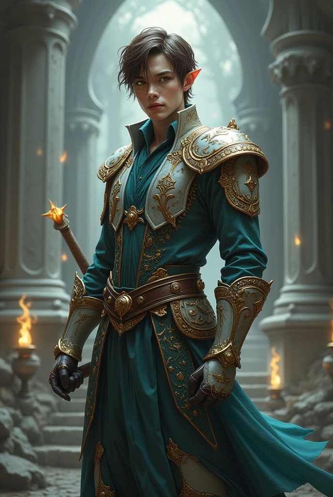 A man of 2, half elf half human, with yellow eyes, short brown hair, bonitas, with 1,78, with warrior mage skills, with dark white skin color