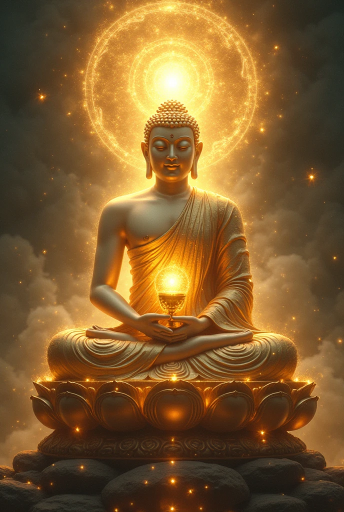 buddha with glowing lights and a glowing orb, buddhism, enlightenment. intricate, glowing from within, spiritual enlightenment, the buddha, on path to enlightenment, on the path to enlightenment, cosmic enlightenment, enlightened, beautiful depiction, emanating and flowing energy, samsara, glowing golden aura, an interdimensional being, the sacred cup of understading