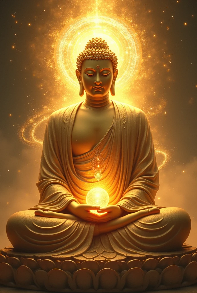 buddha with glowing lights and a glowing orb, buddhism, enlightenment. intricate, glowing from within, spiritual enlightenment, the buddha, on path to enlightenment, on the path to enlightenment, cosmic enlightenment, enlightened, beautiful depiction, emanating and flowing energy, samsara, glowing golden aura, an interdimensional being, the sacred cup of understading