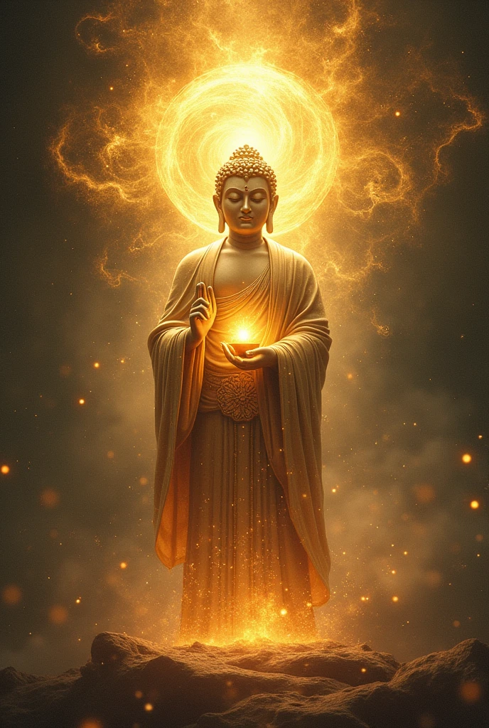 buddha with glowing lights and a glowing orb, buddhism, enlightenment. intricate, glowing from within, spiritual enlightenment, the buddha, on path to enlightenment, on the path to enlightenment, cosmic enlightenment, enlightened, beautiful depiction, emanating and flowing energy, samsara, glowing golden aura, an interdimensional being, the sacred cup of understading