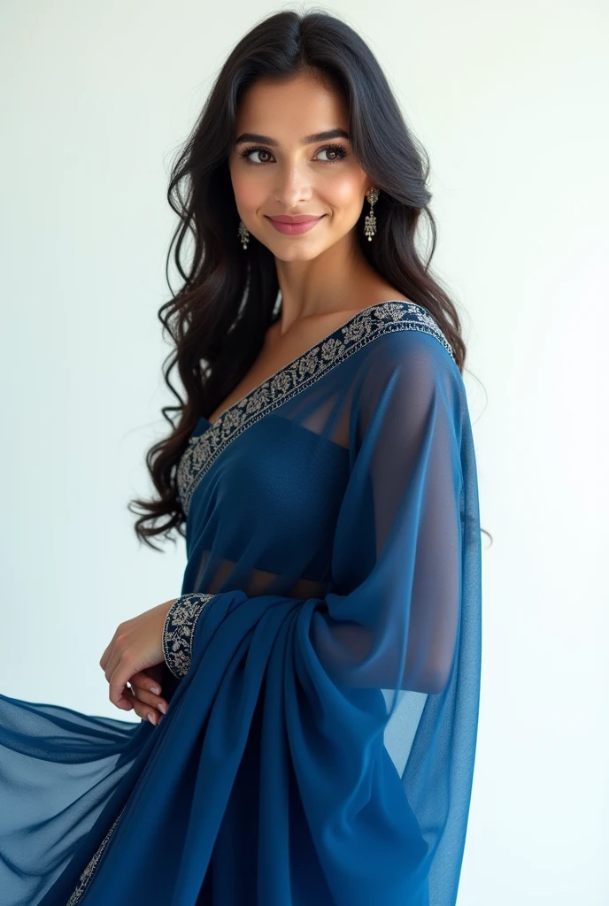 beautiful woman in dark blue saree in white background