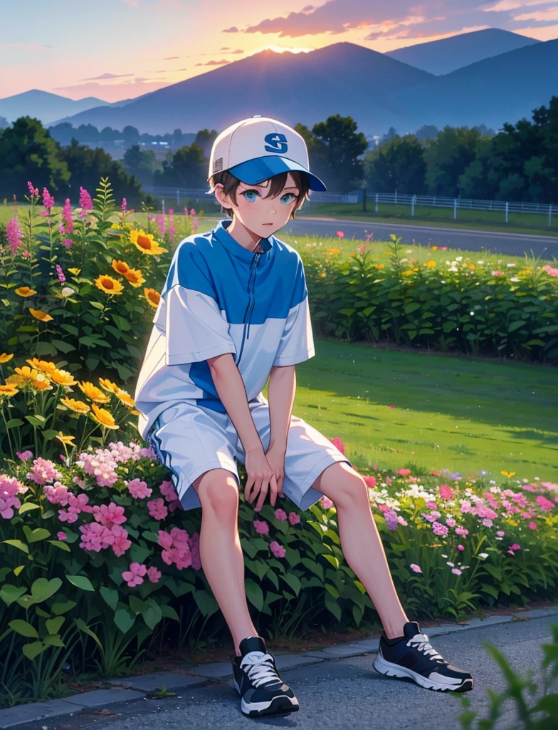 A young boy with,Wear sportswear,With a baseball cap,Wear sneakers,blue color eyes,Sitting on a country road,There are flowers and plants by the road,Sunset and sunset,Looking at the clouds in the sky,Face away from the camera,Full body photo,Ultra-high definition