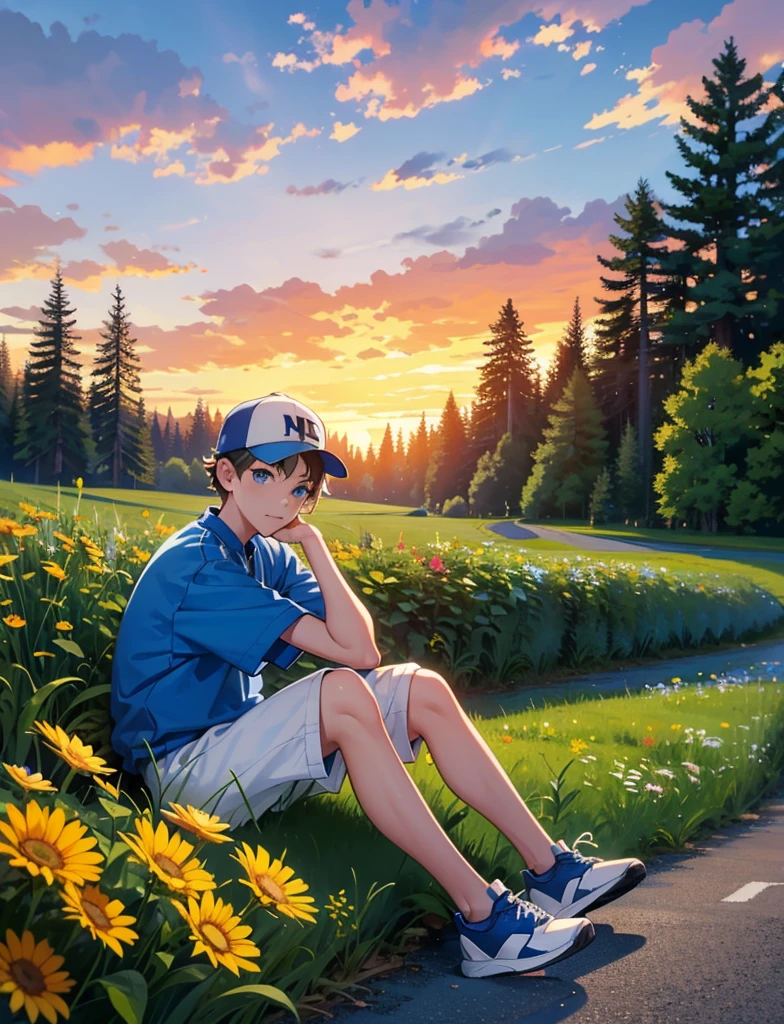 A young boy with,Wear sportswear,With a baseball cap,Wear sneakers,blue color eyes,Sitting on a country road,There are flowers and plants by the road,Sunset and sunset,Looking at the clouds in the sky,Face away from the camera,Full body photo,Ultra-high definition
