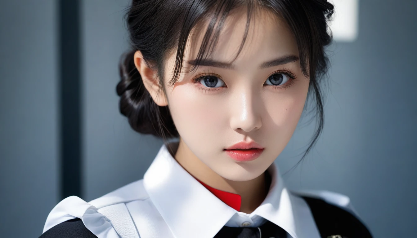 8k, Ultra-high resolution, Highest quality, masterpiece, 三分割法によるphotograph,Surreal, photograph,One Woman, (:1.3), cute, cute顔, 細部までBeautiful Eyes, 細かくdetailedに,masterpiece,One Girl:1.2,Japanese women,kindergarten,close up,glaring,Black hair,braid,(twin braids:1.0),ID photo,(kindergarten uniforms:1.3),Eccentric,Future City,white collar,((Fusion of fashion and gothic)),(Beautiful attention to detail),Subtle details, detailedな顔,anger,Attractive eyes,(ポートレートphotograph:1.4),(Photorealistic images:1.4),Fantasy art,(Beautiful Face:1.4),美しくAttractive eyes、Beautiful Eyes,Silver residue,(Tight waist:1.4)、(Beautiful with perfect body proportions:1.4),Pink Lips,profile,(((Ideal body type))),A-cup small breasts :2,、Portraiture:2、Perfect Anatomy、鮮明なdetailed、detailed,Fashion magazine cover,Thin lips,完璧でBeautiful Face ,完璧でcute顔, Skin with attention to detail, Perfect limbs、Narrow waist,Surreal,Light and shadow,spotlight