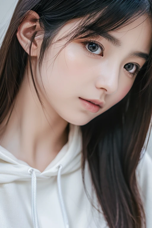 Very detailed, Realistic image of a Japanese girl with long black hair, Wearing a white long-sleeved hoodie, And a dark look. The artwork must capture the exquisite detail in her eyes, nose, And lips, Highlight the beauty. Images should be of the highest quality and highest resolution possible (8k) To showcase complex brush strokes and textures. The lighting should be soft and diffused, A gentle glow on the girl's face, Add depth and realism to your artwork. The color palette should be calm and harmonious., A touch of soft pastel tones enhances the melancholic atmosphere. Style、It should combine realistic portraiture with a subtle photorealistic aesthetic。, Capture the delicate balance between lifelike detail and a touch of whimsy.