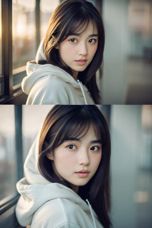 Very detailed, Realistic image of a Japanese girl with long black hair, Wearing a white long-sleeved hoodie, And a dark look. The artwork must capture the exquisite detail in her eyes, nose, And lips, Highlight the beauty. Images should be of the highest quality and highest resolution possible (8k) To showcase complex brush strokes and textures. The lighting should be soft and diffused, A gentle glow on the girl's face, Add depth and realism to your artwork. The color palette should be calm and harmonious., A touch of soft pastel tones enhances the melancholic atmosphere. Style、It should combine realistic portraiture with a subtle photorealistic aesthetic。, Capture the delicate balance between lifelike detail and a touch of whimsy.