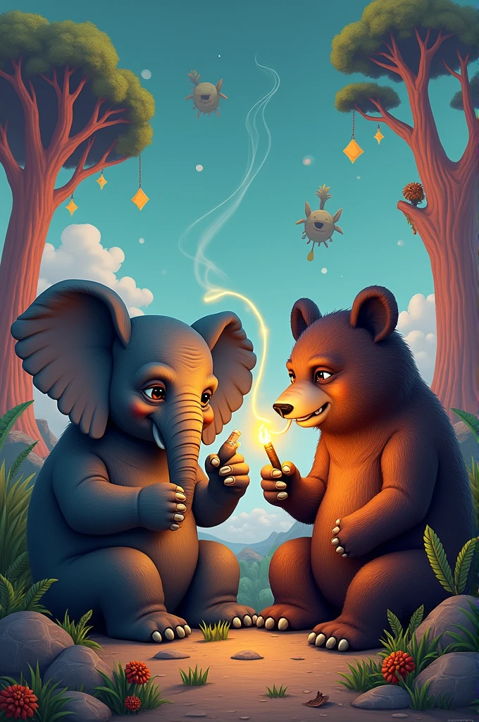 Elephant and bear having weed pot