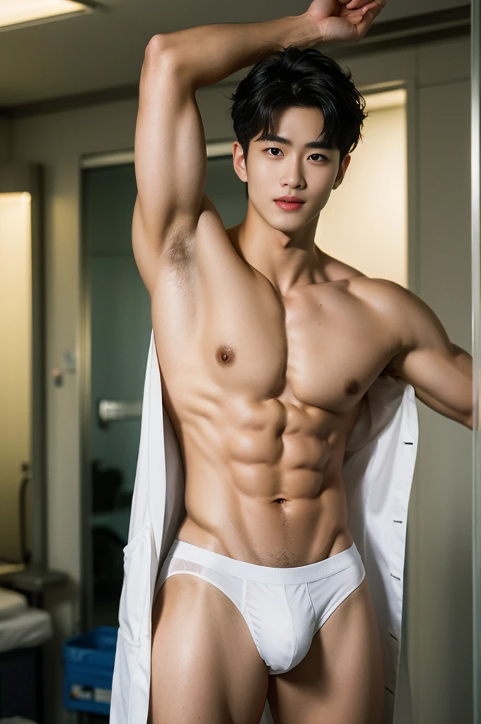 Crowded hospital, hospital display, sexy doctor In the middle of crowded hospital, Sweat dripping all over the body, in the sweat covering all over the body, inside the bussy hospital background, Full body photo, wearing eye glasses, wearing stethoscope in his neck, Very thin thong, Proudly showing off his sweaty very hairy armpits to audience, completely naked just wearing thin white thong, wearing transparent doctor Coat, boy, very young boy, Cinematic soft lighting illuminates a stunningly detailed and ultra-realistic handsome korean male supermodel, ultra messy curly hair, clear honey eyes, captivating perfect smile, sensual, hot man, insanely handsome, showing off his sweaty body, very sixpack muscular body build, slender, toned, full body, 8k, photography, masterpiece, detailed face, detailed eyes, sexy, beautiful abdomen and beautiful legs and a detailed big hard bulge, expression of ecstasy, excited, slim, detailed eyes and lips, sixpack and fit body. Image quality is of the highest standard, with ultra-detailed features and a realistic appearance. The colors are bright and vibrant, enhancing the overall aesthetic. The lighting is soft and natural, casting a soft glow on the boy, don't merge body's