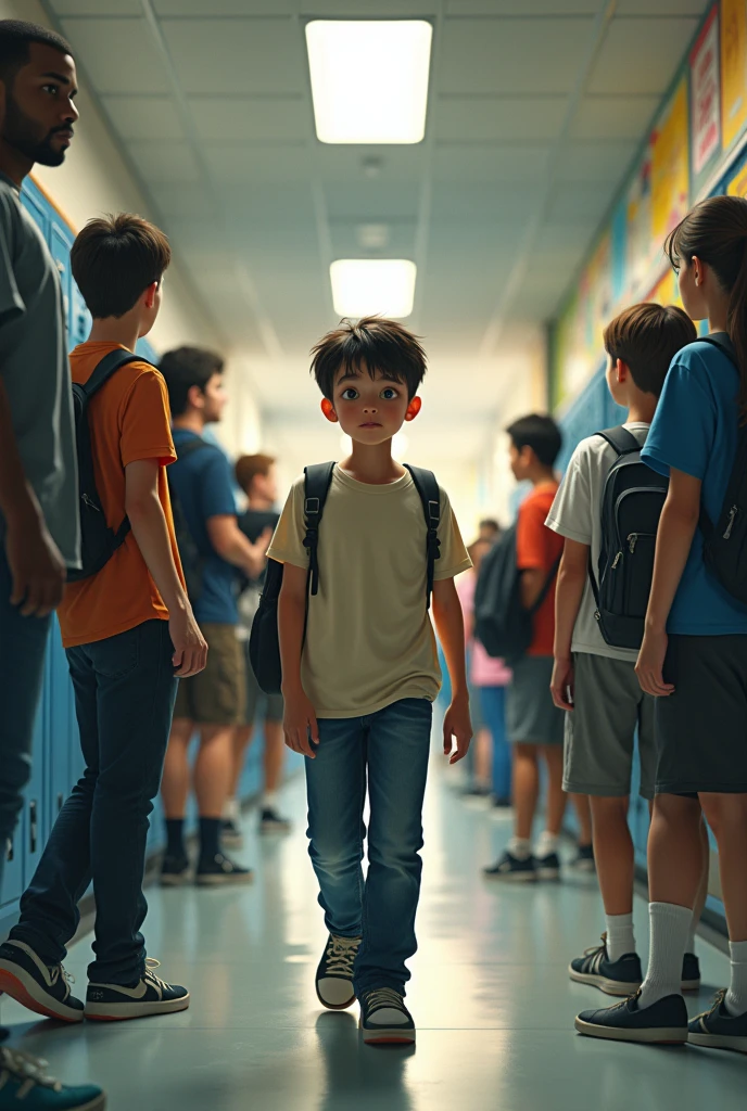 A boy walking down a school hallway, with other students watching him furtively while talking amongst themselves