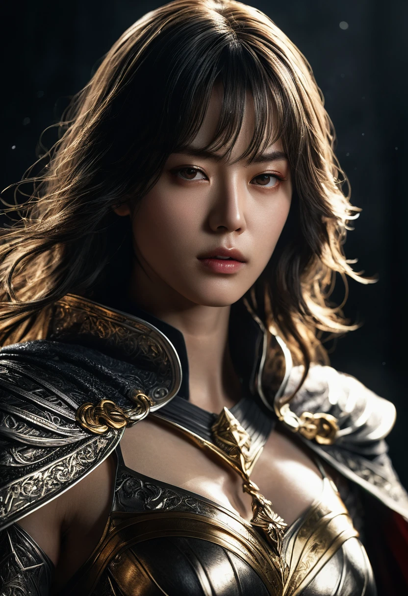 genius idol Akechi, long hair, black hair, subtle makeup, golden hour, photorealistic, high contrast, 8k HD, detailed, hyper-detailed, realistic skin texture, tiny breast, best quality, ultra high res, raw photo, dramatic lighting, unreal engine, diffuse glow intricate silver eaba, white imperial cape, spear, ((sword)), no helm, intricate details High Quality, 8k, Realistic, Ultra-Detailed, Dramatic Lighting, Soft Focus, Digital Illustration, Intense Expression, Strong Gaze, Intense Emotion, Complex Mechanics, Advanced Technology, Dark Background, Cinematic, High Contrast, Moody, Strict, Atmosphere, (Best Quality, 4k, 8k, High Definition, Masterpiece: 1. 2 ), ultra-detailed, (realistic, graphic, photorealistic:1.37) --no glass