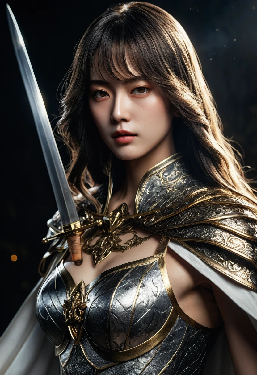 genius idol Akechi, long hair, black hair, subtle makeup, golden hour, photorealistic, high contrast, 8k HD, detailed, hyper-detailed, realistic skin texture, tiny breast, best quality, ultra high res, raw photo, dramatic lighting, unreal engine, diffuse glow intricate silver eaba, white imperial cape, spear, ((sword)), no helm, intricate details High Quality, 8k, Realistic, Ultra-Detailed, Dramatic Lighting, Soft Focus, Digital Illustration, Intense Expression, Strong Gaze, Intense Emotion, Complex Mechanics, Advanced Technology, Dark Background, Cinematic, High Contrast, Moody, Strict, Atmosphere, (Best Quality, 4k, 8k, High Definition, Masterpiece: 1. 2 ), ultra-detailed, (realistic, graphic, photorealistic:1.37) --no glass