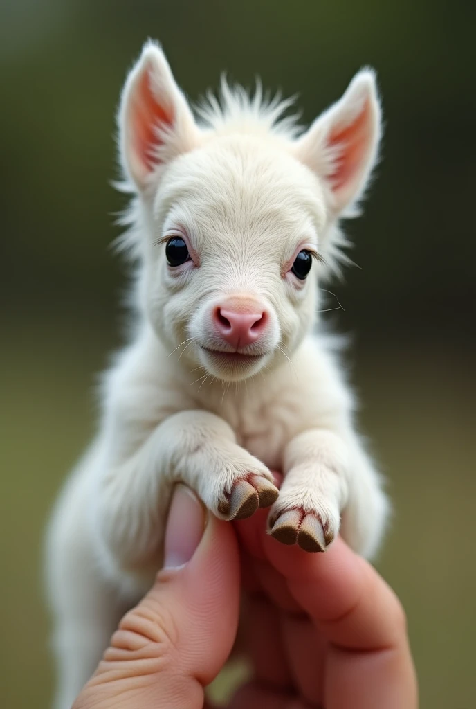 The world's smallest  highland horse, a white calf perched on someone's finger, is undoubtedly cute and charming. The photo is very realistic and captures the subtle features of the miniature horse with precise precision.
