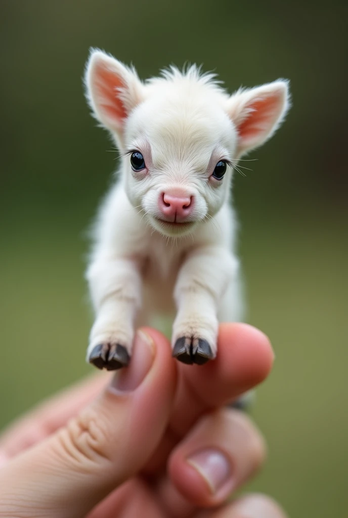 The world's smallest  highland horse, a white calf perched on someone's finger, is undoubtedly cute and charming. The photo is very realistic and captures the subtle features of the miniature horse with precise precision.
