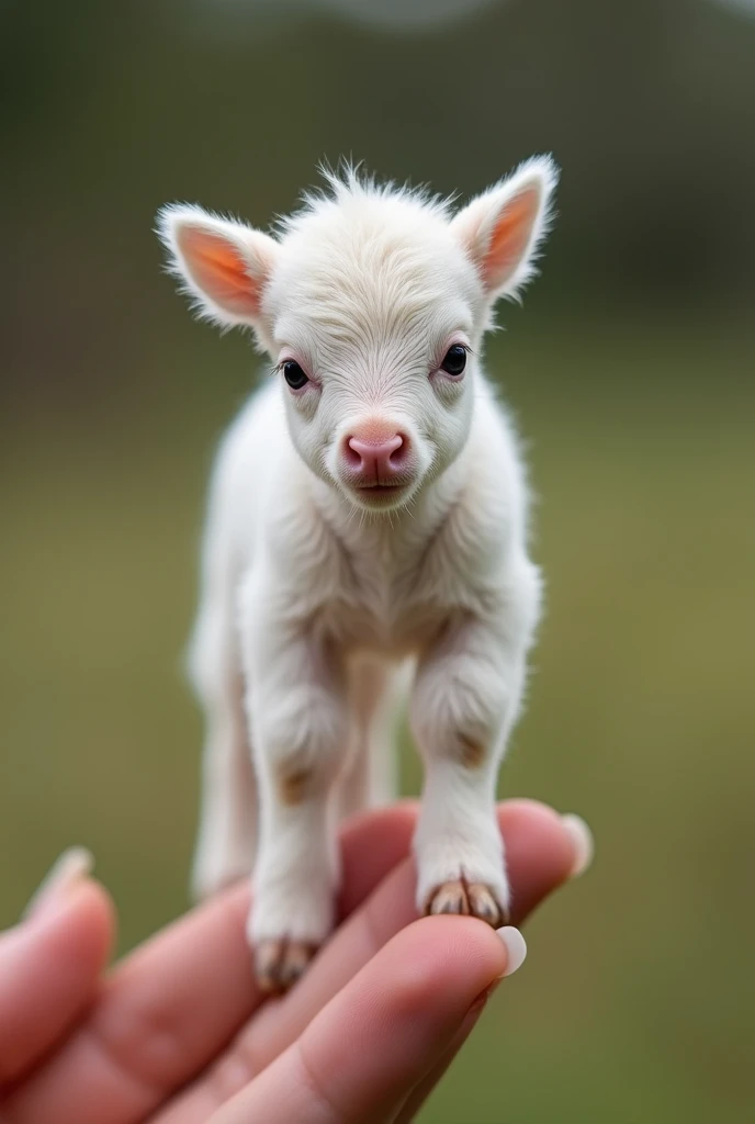 The world's smallest baby highland horse, a white calf perched on someone's finger, is undoubtedly cute and charming. The photo is very realistic and captures the subtle features of the miniature horse with precise precision.