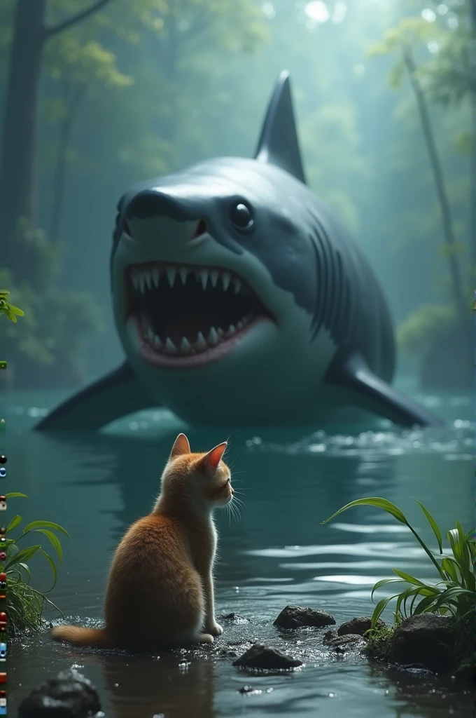 Suddenly, in the water nearby, the fin of a large shark appears, moving stealthily toward the unsuspecting baby cat. The shark's sharp teeth glint as it slowly emerges from the water, eyes locked on the baby cat.