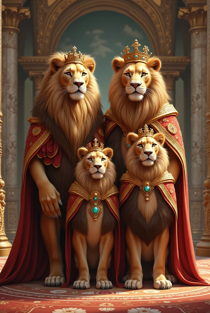 Royal 4 member family of lions (mom dad 2 sons) with royal costume in palace with crown