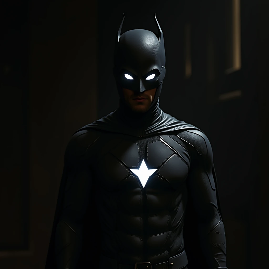 man, small eyes, two white eyes, superhero outfit, dark, silhouette only