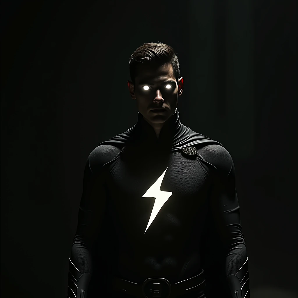 man, small eyes, two white eyes, superhero outfit, dark, silhouette only