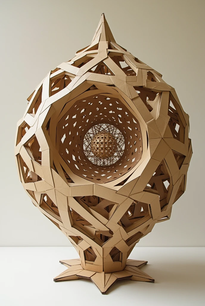 Make a spiral network with the root of 2 using the golden ratio. Combine this type of organization with a network of cuboctahedrons. The image has to have the style of a model made of cardboard and the main idea is a tensegrity. Make it have some holes so that the light passes through and be inspired by Kenneth Snelson's Tensegrity but without losing the characteristics that I gave you.