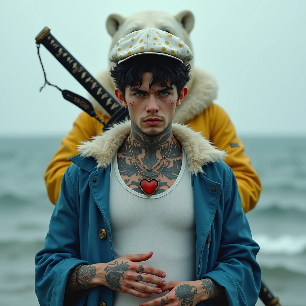 high resolution、8K、Delicate depiction、Realistic、Realistic、Really human、German、Young man、24age、Are thin、Pale complexion、Black Hair、Natural curls、Short beard under the mouth、sideburns、Sharp Eye、Eyeliner、Dark circles under the eyes、bad mood、White newsboy cap with beige spots、White tank top、A blue coat with a feather collar、You can see a little bit of the burning heart tattoo on his chest.、Carrying a Japanese sword on one's shoulder、Tattoos on fingers、Palms facing up, next to face、Bust Shot、On the Sea、Polar bear wearing a yellow jacket behind