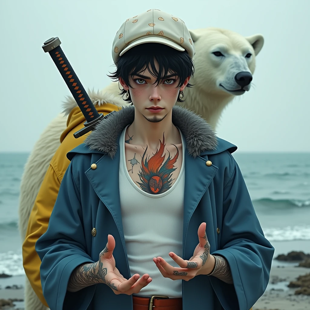 high resolution、8K、Delicate depiction、Realistic、Realistic、Really human、German、Young man、24age、Are thin、Pale complexion、Black Hair、Natural curls、Short beard under the mouth、sideburns、Sharp Eye、Eyeliner、Dark circles under the eyes、bad mood、White newsboy cap with beige spots、White tank top、A blue coat with a feather collar、You can see a little bit of the burning heart tattoo on his chest.、Carrying a Japanese sword on one's shoulder、Tattoos on fingers、Palms facing up, next to face、Bust Shot、On the Sea、Polar bear wearing a yellow jacket behind