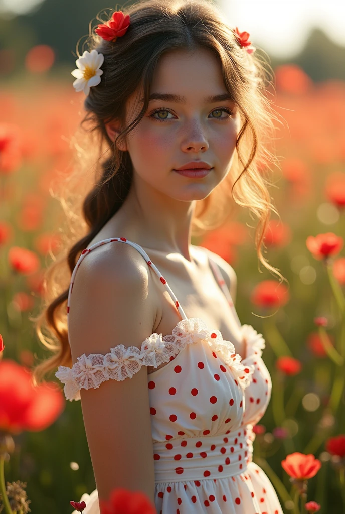 Very beautiful girl in a white dress with red polka dots,  stands on a flower meadow illuminated by the sun, the photo is very realistic, of the highest quality