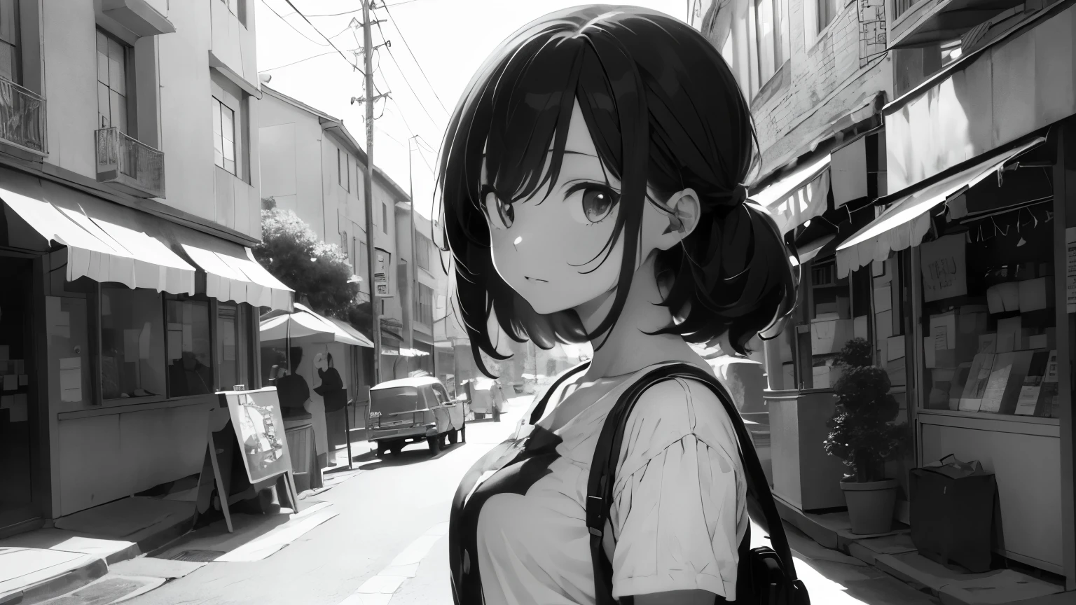 ((best quality)), ((masterpiece)), (detailed), anime girl, black and white colour, cute, vintage , cinematic , pose