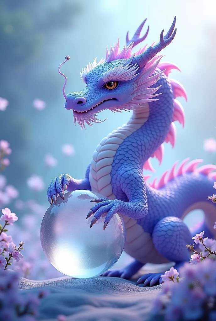 Very beautiful lavender Chinese dragon 3D rendering,The dragon's face is kind.,Light blue garden background,Grab the crystal ball with your front paws,Dynamic performance,Vivid effects and details,Best image quality,high resolution
