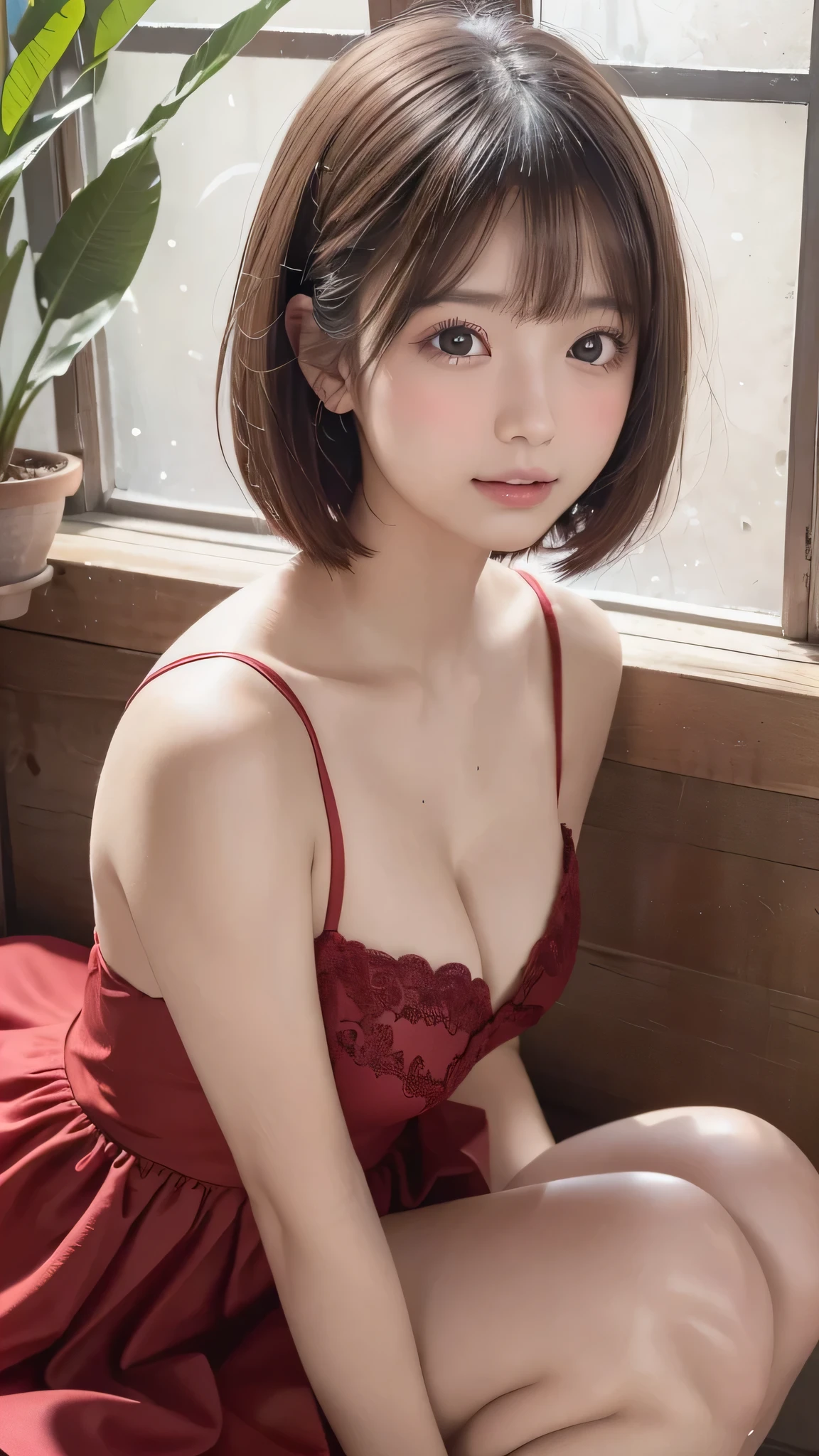 ((red,Party Dresses:1.1)),(Highest quality,8K quality,masterpiece:1.4),(Ultra-high resolution,Photorealistic:1.5,RAW Photos),(Very delicate,Caustics,Detailed Background),(Ultra-Realistic Capture,Fine and beautiful skin,Perfect Anatomy), At noon,Night Sky,Ocean,1,cute,single eyelid,Dark brown short bob,Looking at the camera,Natural soft light