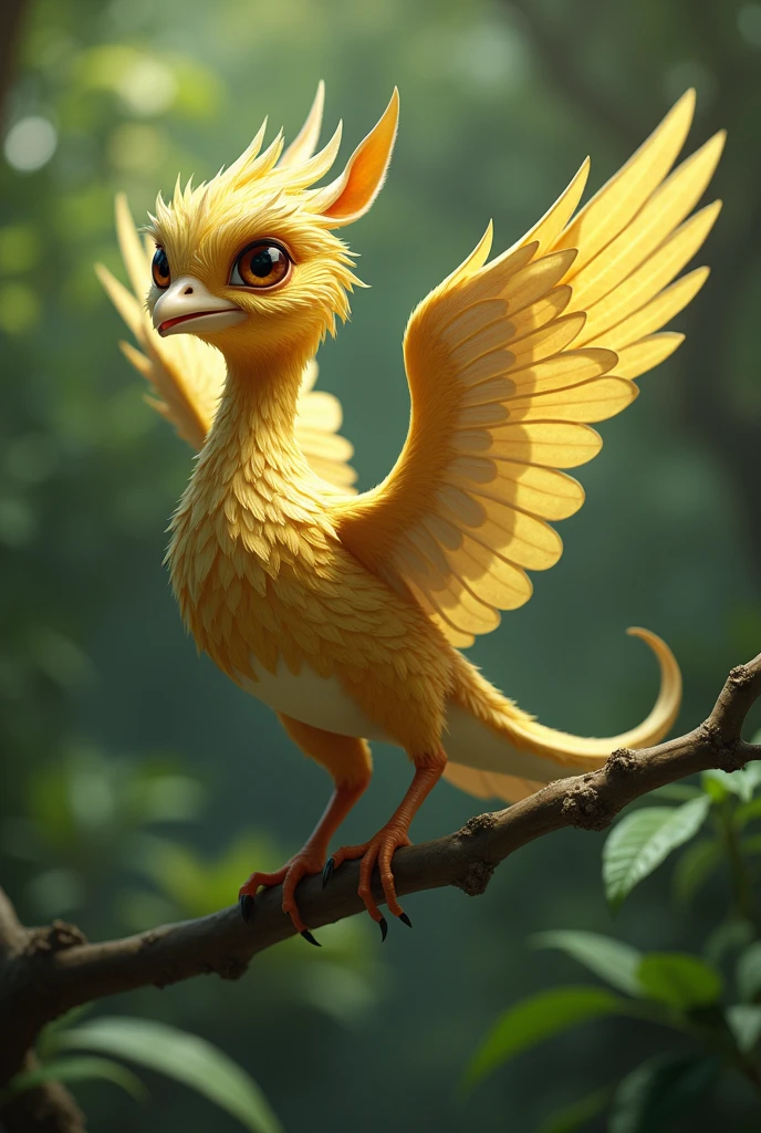 **name:** Pilas
**age:** 7 years (In the year of the bird)
**height:** 1.2 meters (From wingtip to wingtip)
**Appearance:** The pilaspruek is a medium-sized bird with shiny golden feathers and beautifully reflective leaf-like patterns. Its large, strong wings allow it to fly nimbly. The underside of its wings is a light green color, similar to the environment in which it lives.