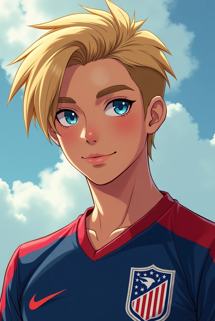 He is a teenager with straight blond hair and his haircut is swept to the side and is very charming to women., piercing gaze and the color of his blue eyes picina, with an athletic body and impeccable posture and wears the same team uniform as the United States.