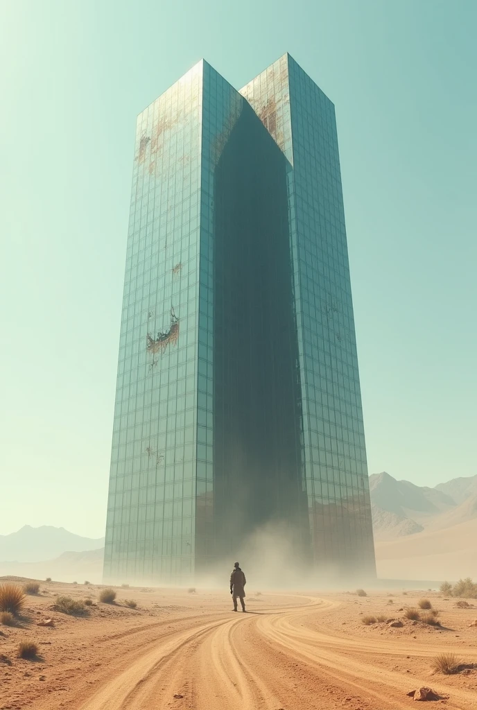 A big giant glass building in a plane deserted area covered with sand dust and rust