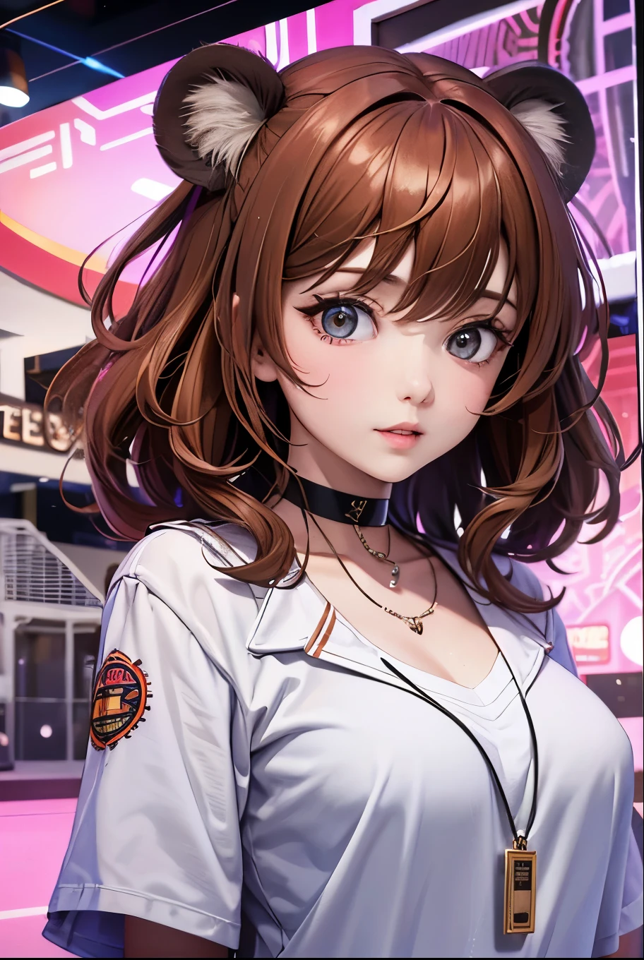 Top quality, highly detailed, UHD, idol, playing at an amusement park, cute and beautiful anthropomorphic koala girl with brown curly bob hair wearing a heart-shaped choker, casual clothes
