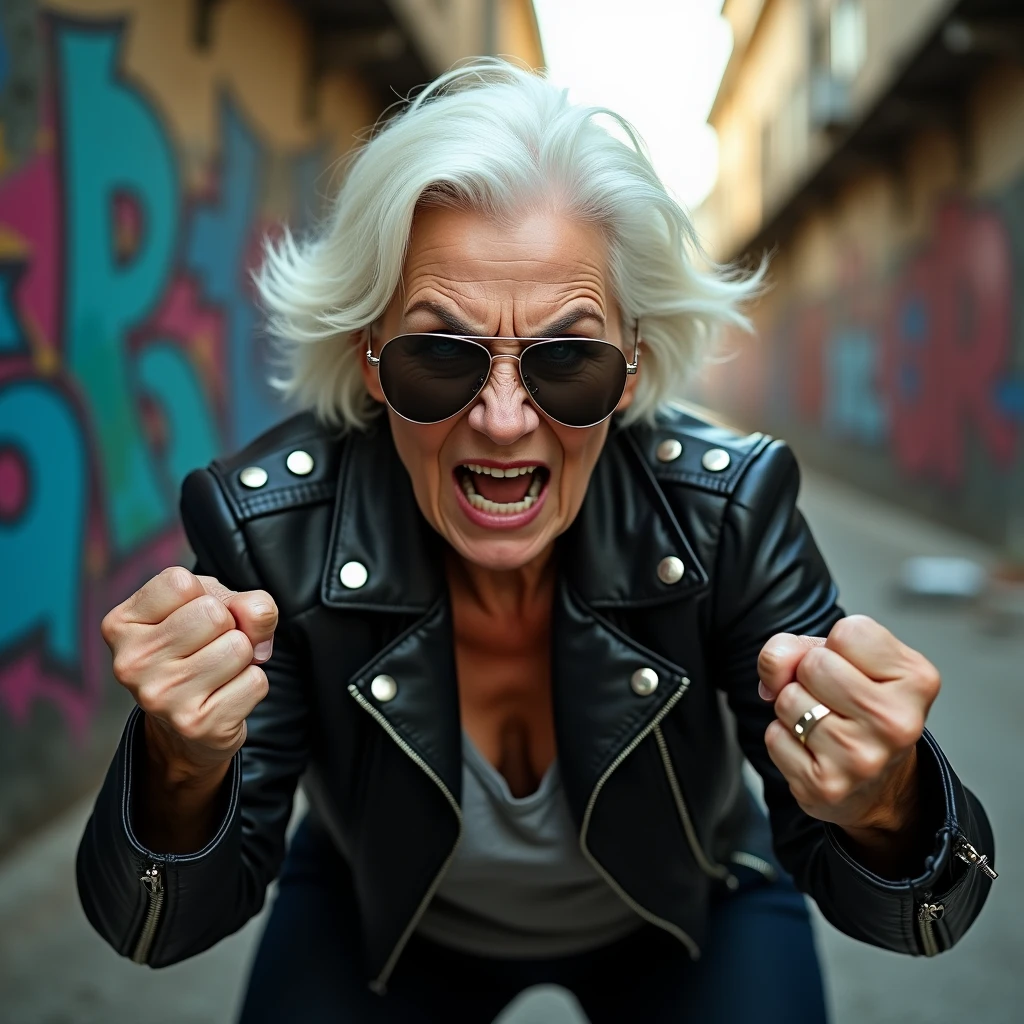 怒ったイケイケ婆さん: "A hyper-realistic image of an elderly woman with white hair, wearing sleek aviator sunglasses, her face contorted in anger. She is dressed in a stylish leather jacket with studded details, and her fists are clenched. The background is a gritty urban alley with graffiti-covered walls, emphasizing her tough, no-nonsense attitude."