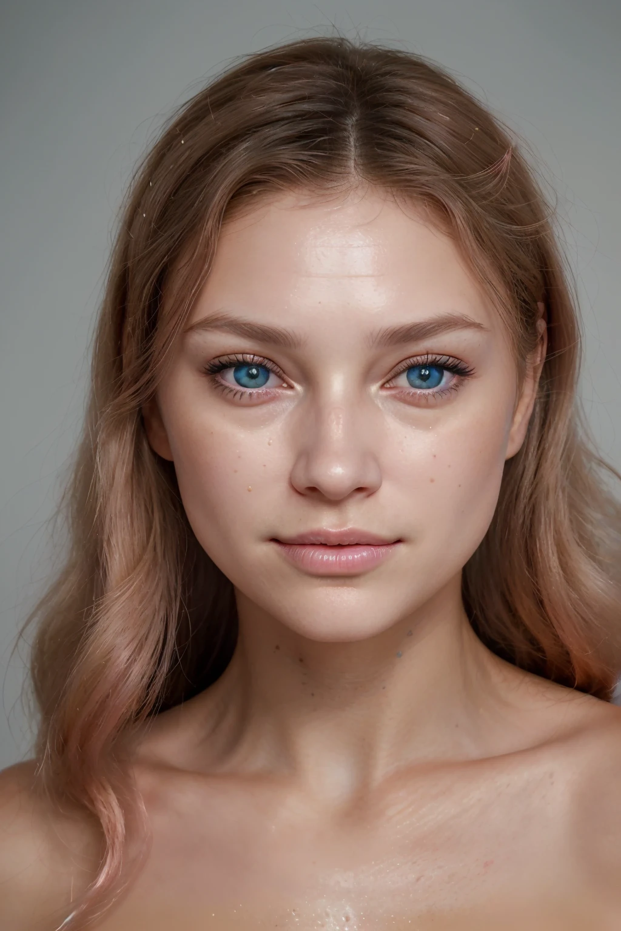 Créez un portrait réaliste d'une femme magnifique de 21 ans au visage harmonieux. Elle a les cheveux bruns longs, shiny and slightly wavy., delicately framed face. Ses yeux en amande sont d'un bleu clair saisissant, almost translucent, with captivating intensity. Sa peau est lumineuse et claire, with a slightly tanned complexion, and her features are soft and well defined, avec des slightly prominent cheekbones. She has a subtle and warm smile, Her lips are full and naturally pink. Elle porte un maquillage léger qui met en valeur ses yeux éclatants et ses traits délicats. Well-defined facial features, slightly prominent cheekbones, maquillage léger mettant en évidence ses yeux L'expression sur son visage est à la fois sereine et énigmatique, ajoutant une touche de mystère à son allure. In 8k and ultra realistic