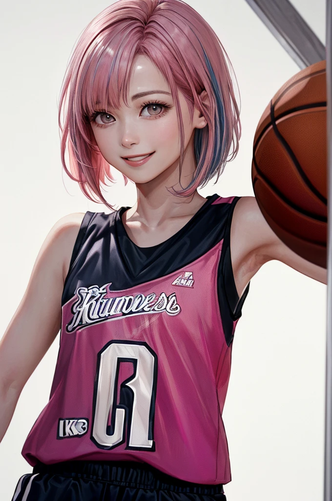 (((Frame In、Pure white wall background、Highest quality、8k、32K、masterpiece)))、(Realistic)、(Realistic:1.2)、(High resolution)、Very detailed、Very beautiful face and eyes、1 person、Round and small face、Tight waist、Delicate body、(close、Highest quality、Attention to detail、Rich skin detail)、(Highest quality、8k、Oil paints:1.2)、Very detailed、(Realistic、Realistic:1.37)、Bright colors、(((Pink hair)))、(((Pink Hair)))、(((Cowboy Shot)))、(((Bob Hair)))、(((The front hair is even)))、(((Pure white wall background)))、(((Wearing a basketball uniform)))、(((black basketball outfit)))、(((smile)))、(((1 female)))、(((Tank top style uniform)))、