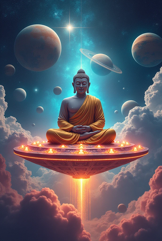a very realistic and very psychedelic Buddha sitting on top of a flying saucer around several planets, psychedelia, etc... 

a very colorful and eye-catching image, the Buddha is very modern and meditating with a happy face, the flying saucer is full of lights

