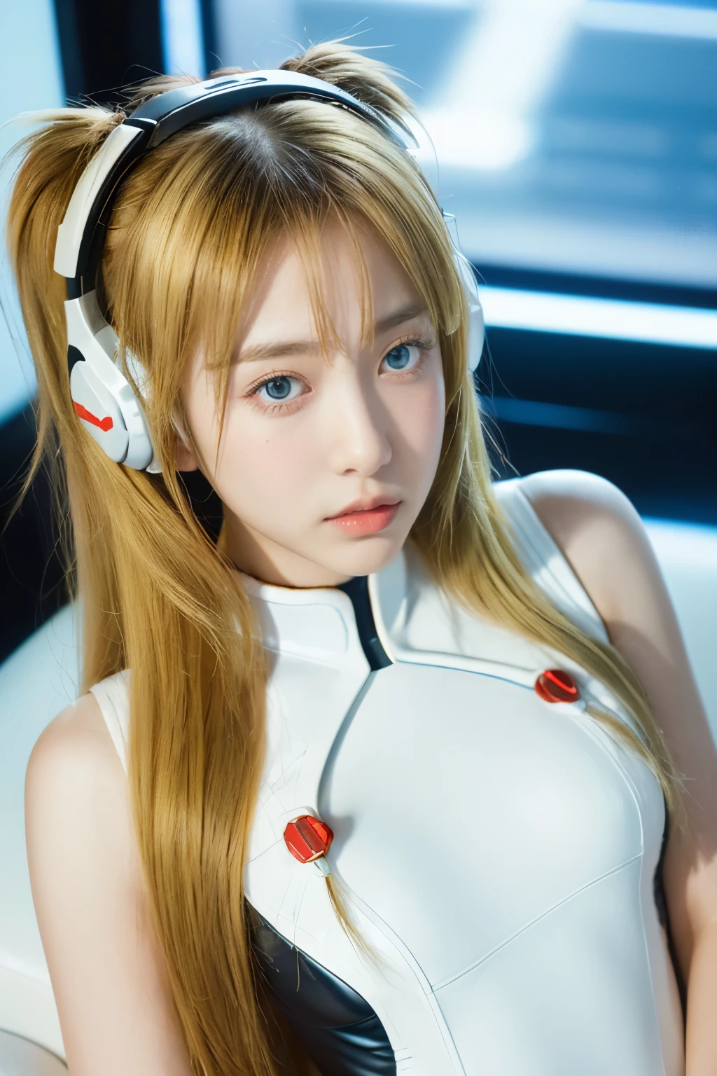 (Overhead view),dynamic angle,ultra-detailed, illustration, close-up, straight on, 1girl, 
 ((souryuu asuka langley, interface headset, red bodysuit:1.4, blonde)),Her eyes shone like dreamy stars,(glowing eyes:1.233),(beautiful and detailed eyes:1.1),(expressionless,closed mouth),(standing), 
(mechanic room with toolsand spaceship windowin a white SPACESHIP),
(night:1.2),dreamy, [[delicate fingers and hands:0.55]::0.85],(detail fingers),