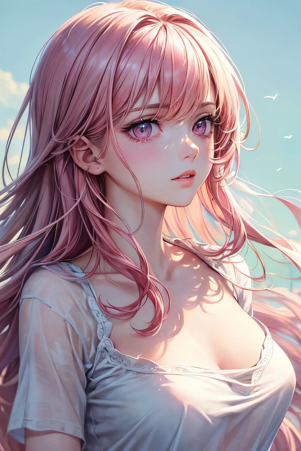 (masterpiece),(best quality:1.1),(Super detailed),Best illustration,fine details,(portrait:1.1),(intense close-up),watercolor painting)floating,1 girl,alone,,Slim,(extremely delicate and beautiful face),(Detailed pink eyes),thick pink lips,(disheveled hair),(Wearing a loose T-shirt),Soft and lazy,(Simple background:1.2)entire colorful background,Clear,4K