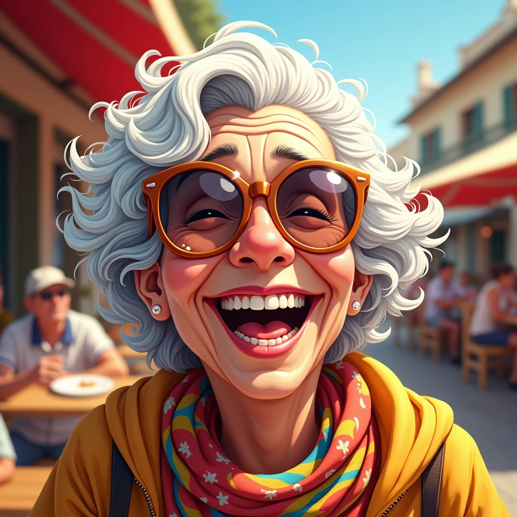 笑っているイケイケ婆さん: "A highly detailed close-up illustration of an elderly woman with curly white hair, wearing oversized, reflective sunglasses and a bright, colorful scarf. She is laughing heartily, her wrinkles deepening with joy. The background is a vibrant outdoor café with lively conversation and a warm, sunny atmosphere, highlighting her youthful spirit."