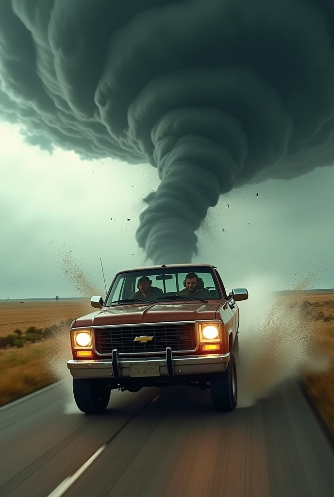 a storm chaser running away from a tornado with his car 