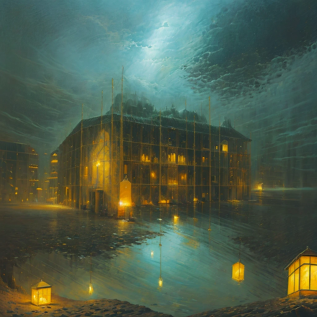 A scene of a coastal town at dawn, where the sea reflects a sky full of intensely colored northern lights. The houses are built in giant trees that reach up into the clouds., and on its branches hang lanterns that float magically in the air. A river of golden light flows through the streets, illuminating the inhabitants who look like crystal figures, glowing softly in the gloom. The atmosphere is calm and surreal, as if time had stopped. Color palette in mixed warm and cool tones, with a digital oil painting style. vertical format, High resolution