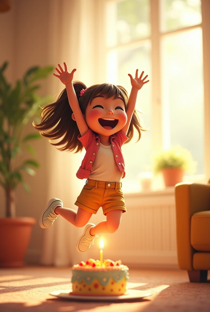 a girl jumping in joy, or a small cake with a single candle being blown out for getting passed in exams show in detail