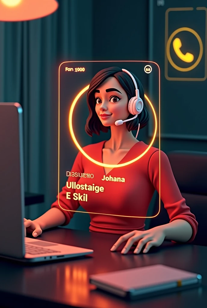 Create a glass id card of a WhatsApp profile on a black desk, that shows the large WhatsApp logo, create a 3D illustration of a latina woman with short hair, You must wear a red blouse with the phrase printed in Portuguese Rápido é facil and a white headset. The photo of the girl in a circle with the name of the social network user WhatsApp Secretaría Johana in black below the profile photo and 99 written messages, WhatsApp card glows red and yellow on the edge. In one corner is the one held with two fingers.