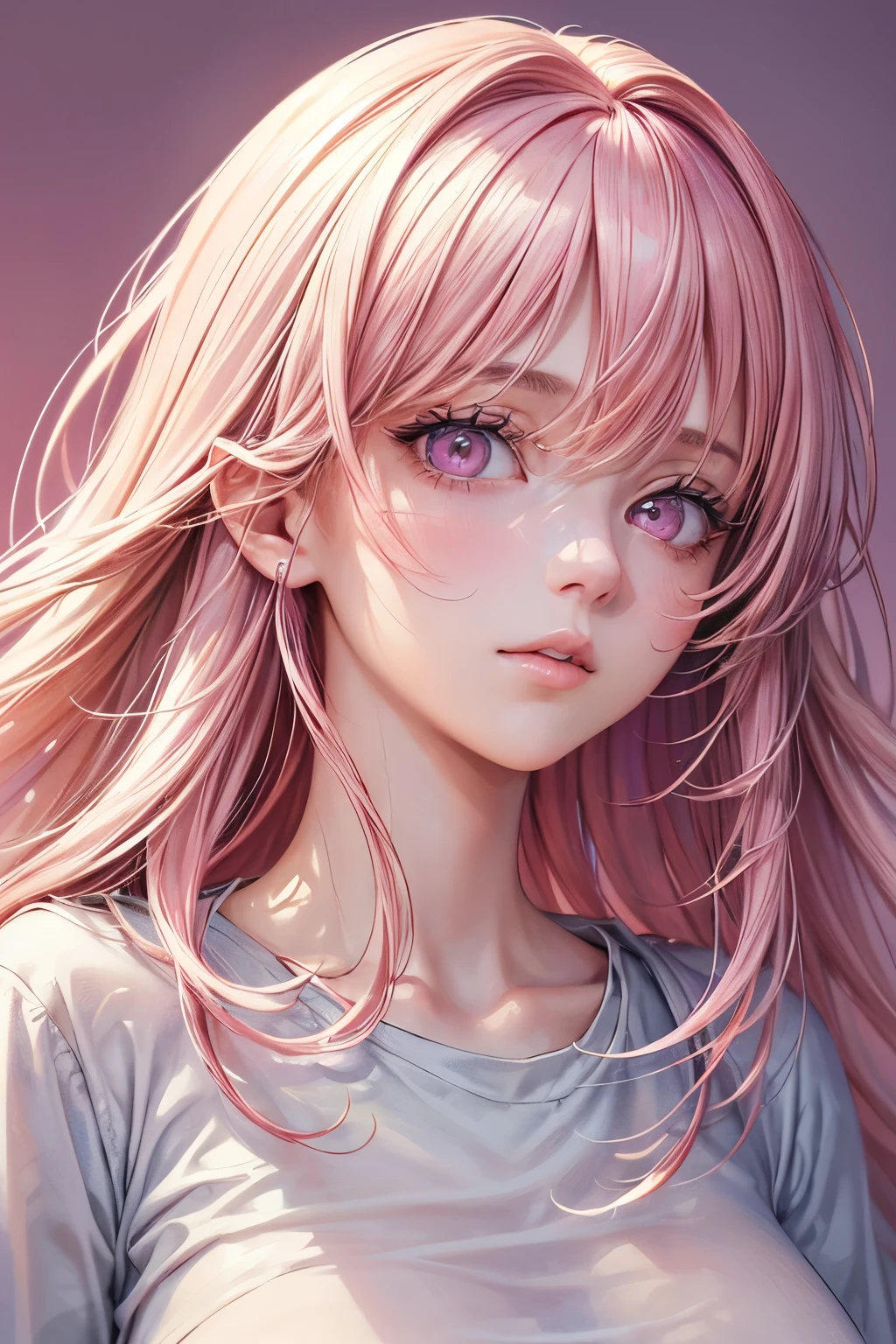 (masterpiece),(best quality:1.1),(Super detailed),Best illustration,fine details,(portrait:1.1),(intense close-up),watercolor painting)floating,1 girl,alone,,Slim,(extremely delicate and beautiful face),(Detailed pink eyes),thick pink lips,(disheveled hair),(Wearing a loose T-shirt),Soft and lazy,(Simple background:1.2)entire colorful background,Clear,4K