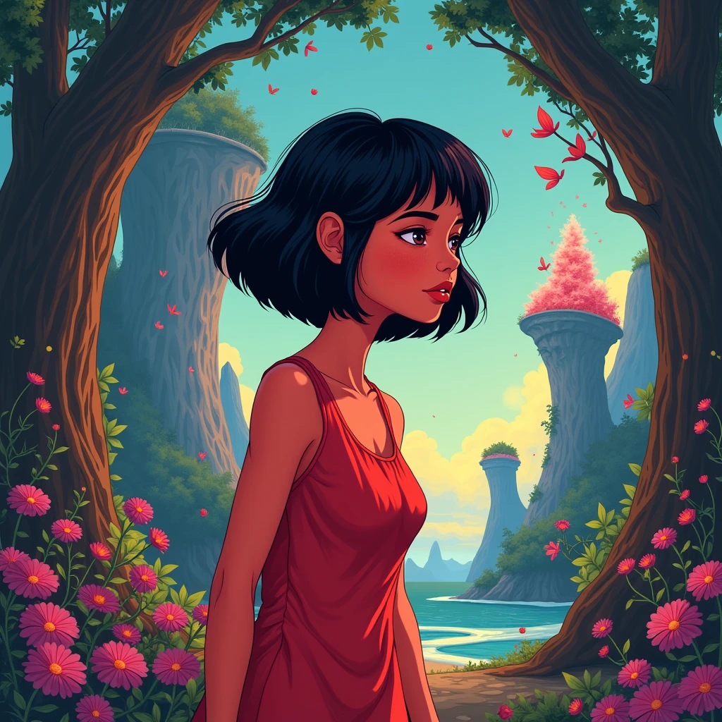 Animation design of a two-dimensional drawing of a red-skinned mother with short black hair in a fantasy world looking to the left
