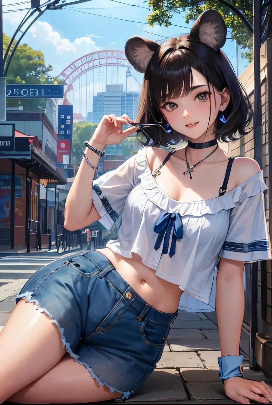 Top quality, highly detailed, UHD, idol, playing at an amusement park, cute and beautiful anthropomorphic koala girl with brown curly bob hair wearing a heart-shaped choker, casual clothes